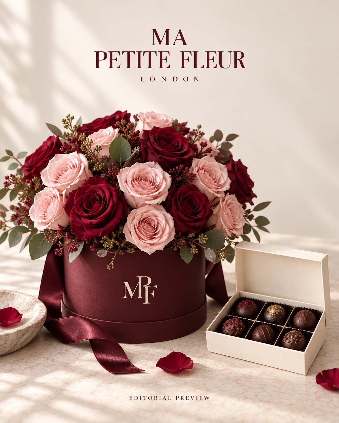 Concept preview of pink and burgundy roses beside a box of chocolate truffles
